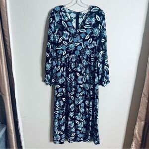 LOFT Size 4 Floral V-Neck Midi Dress Black Blue Long Sleeve V-Waist Boho Y16